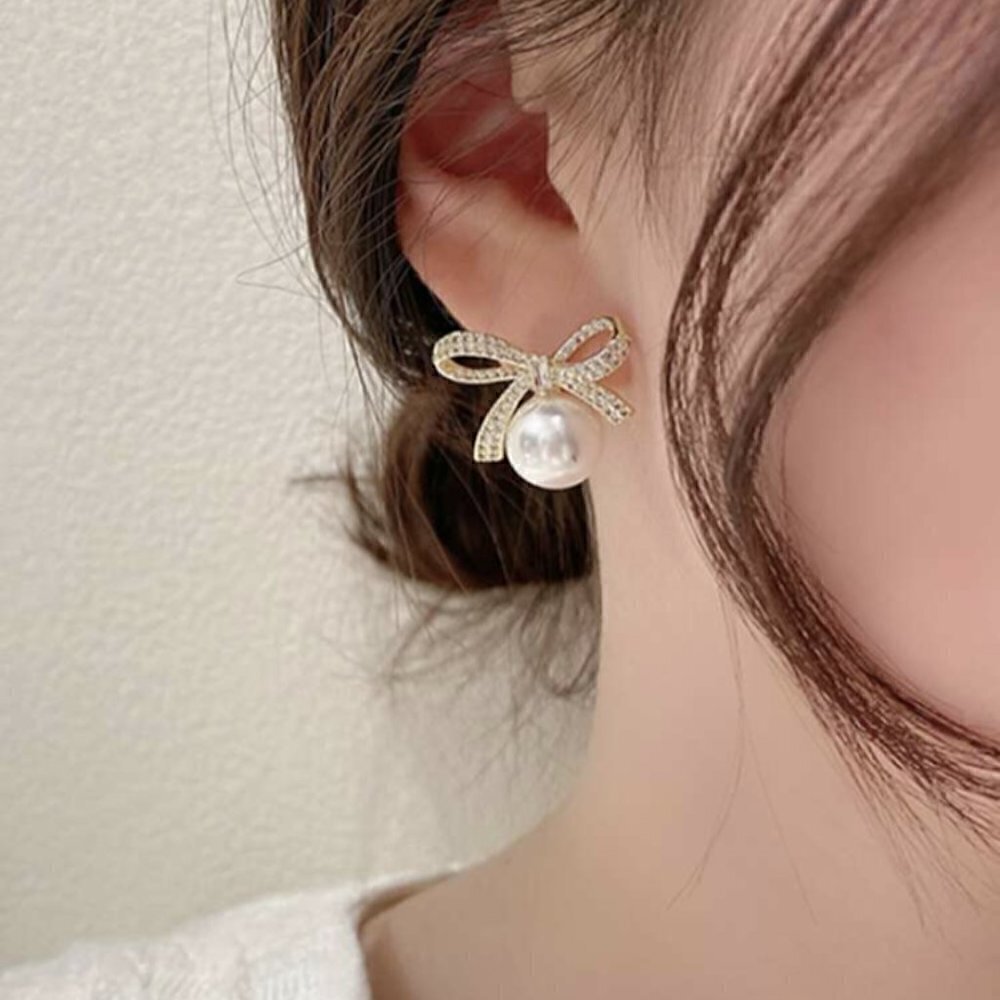 18K Gold Plated Bow Rhinestone Pearl Stud Earrings NEW